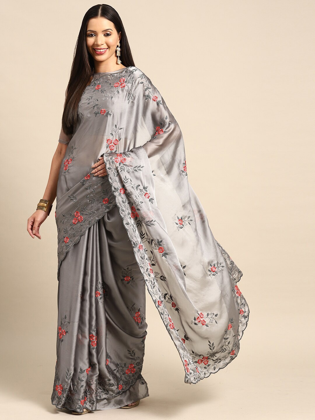 

Mitera Grey & Red Embellished Embroidered Georgette Saree