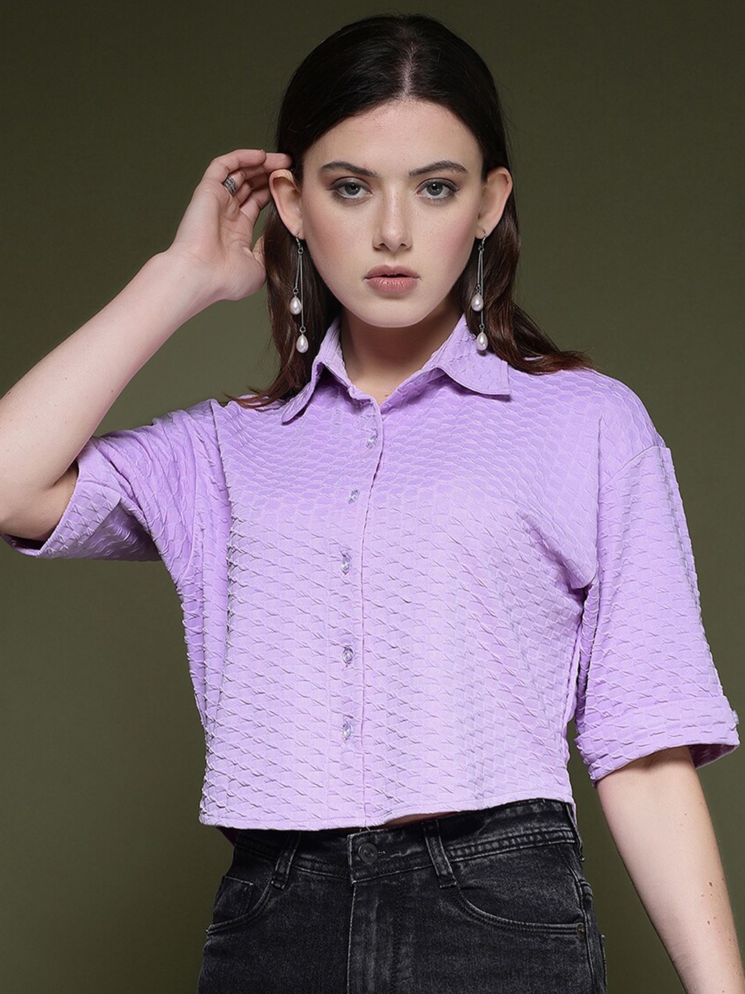 

Selvia Geometric Self Design Spread Collar Opaque Standard Casual Shirt, Purple