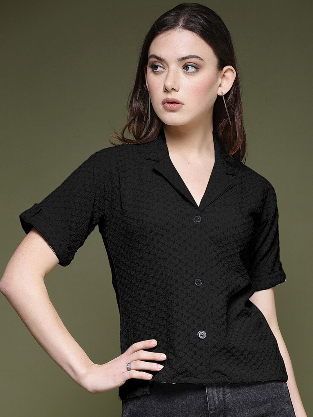 

Selvia Geometric Self Design Lapel Collar Opaque Standard Casual Shirt, Black