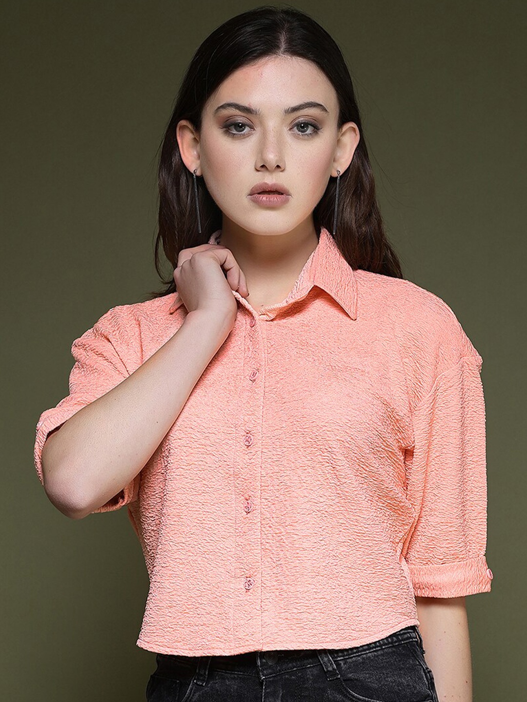 

Selvia Self Design Textured Spread Collar Standard Opaque Casual Shirt, Peach