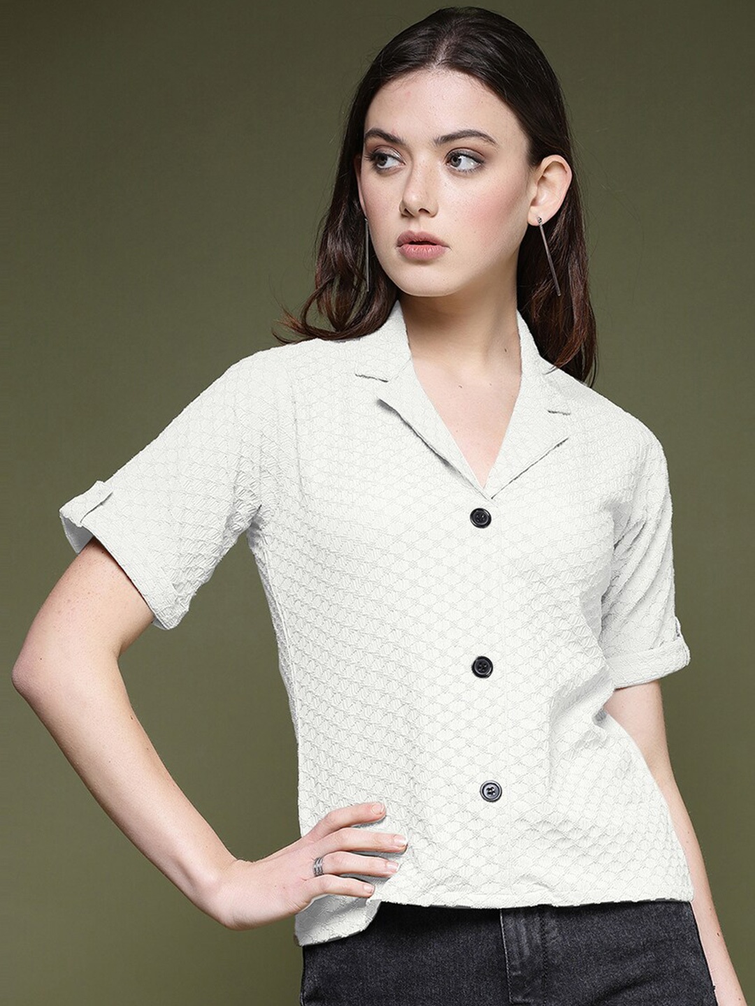 

Selvia Geometric Self Design Lapel Collar Opaque Standard Casual Shirt, White