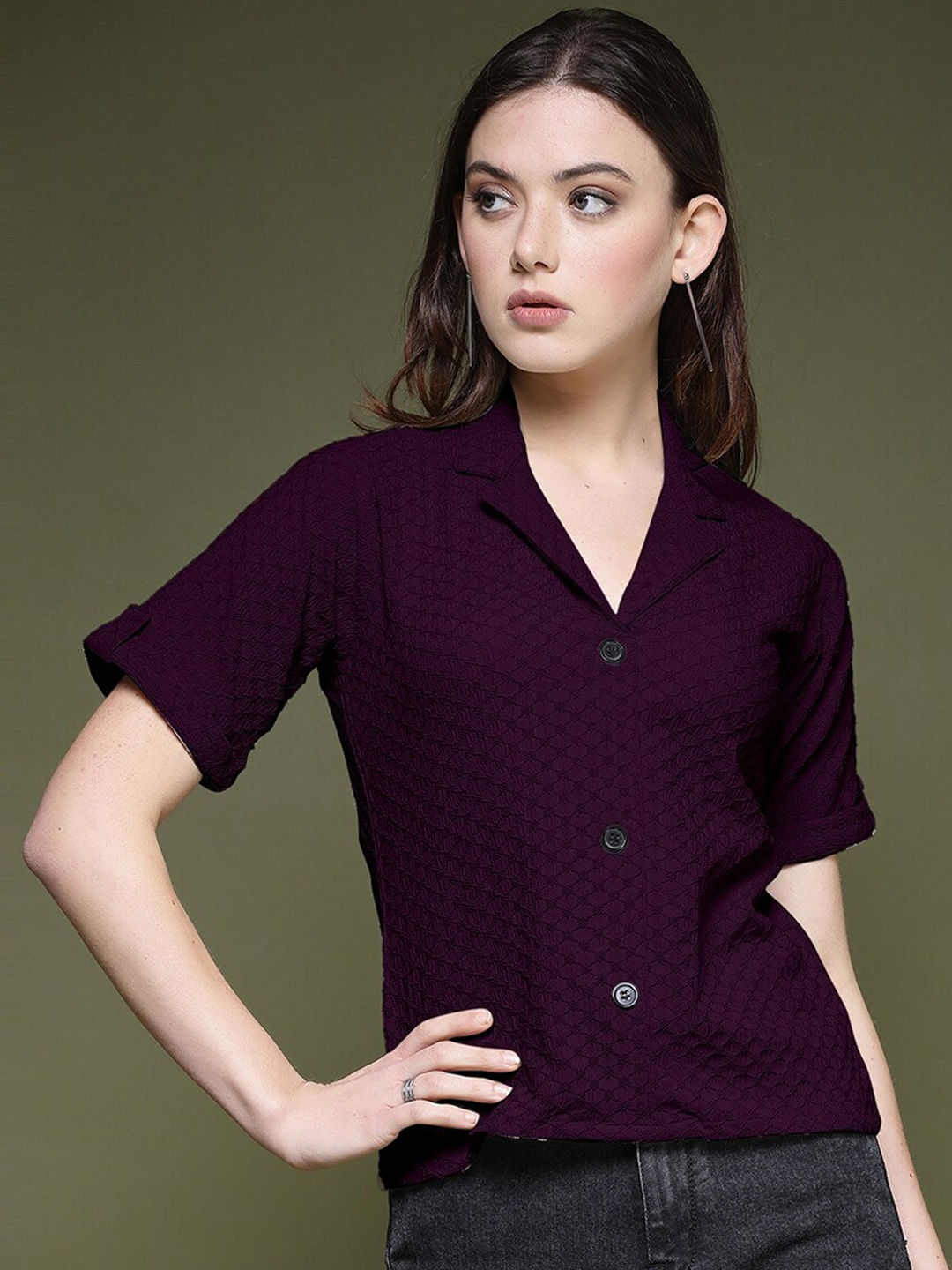 

Selvia Geometric Self Design Lapel Collar Opaque Standard Casual Shirt, Purple