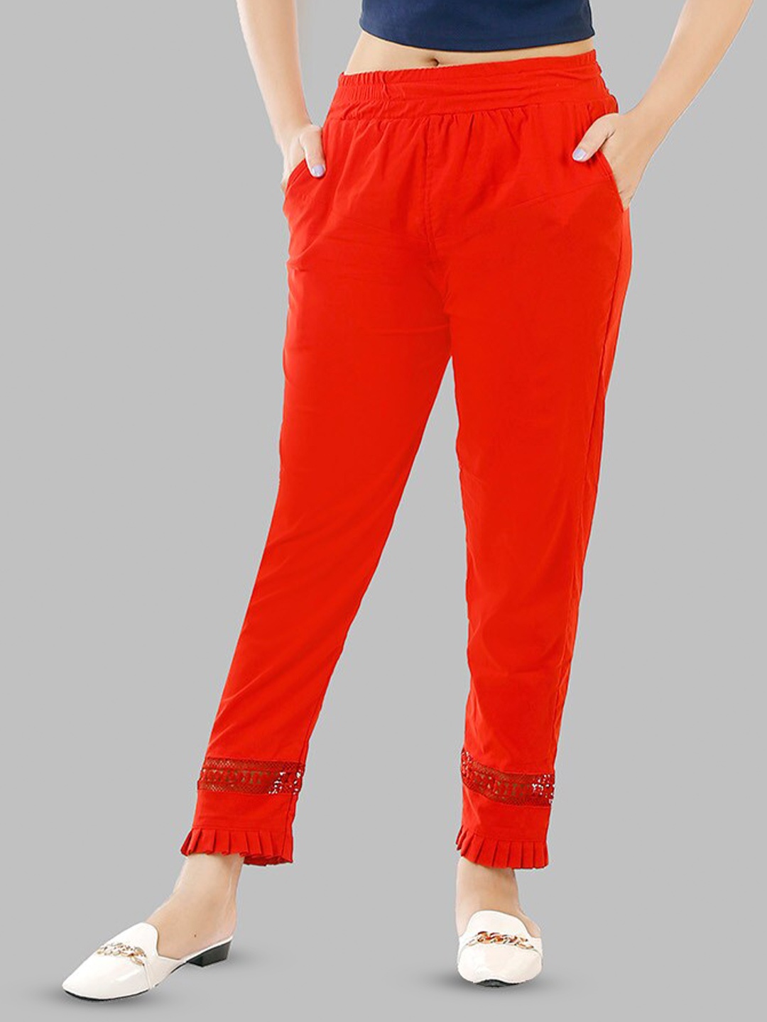 

BAESD Women Pencil Slim Fit Mid-Rise Lint Free Cigarette Trouser, Red