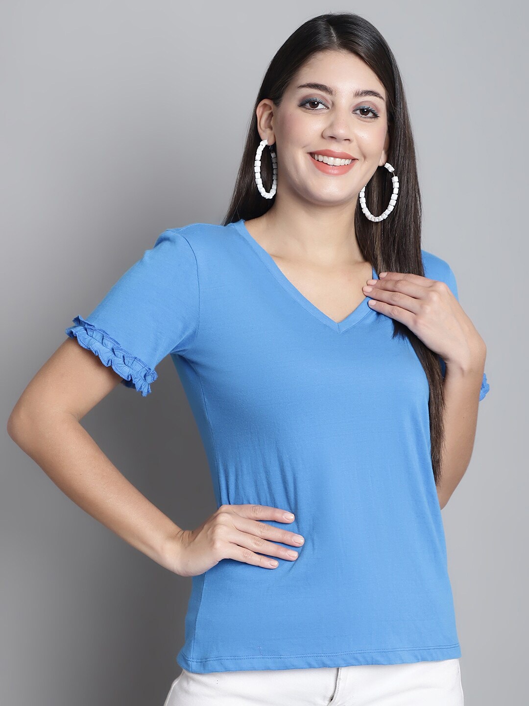 

Dressitude Short Sleeves V-Neck Ruffles Cotton T-shirt, Blue