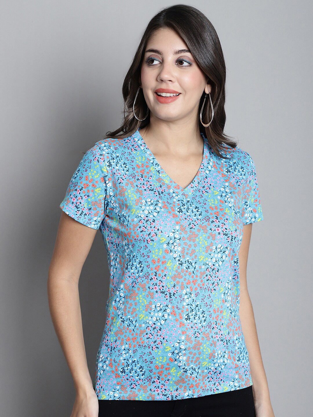 

Dressitude Floral Printed V-Neck Short Sleeves Cotton T-shirt, Blue
