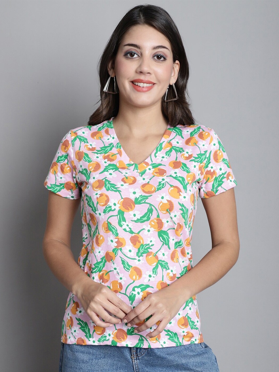 

Dressitude Floral Printed V-Neck Tropical Cotton T-shirt, Pink