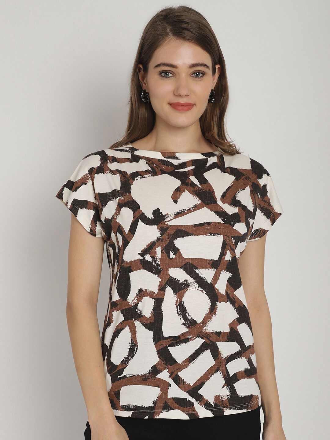 

Dressitude Printed Short Sleeves Boat Neck Cotton T-shirt, Cream