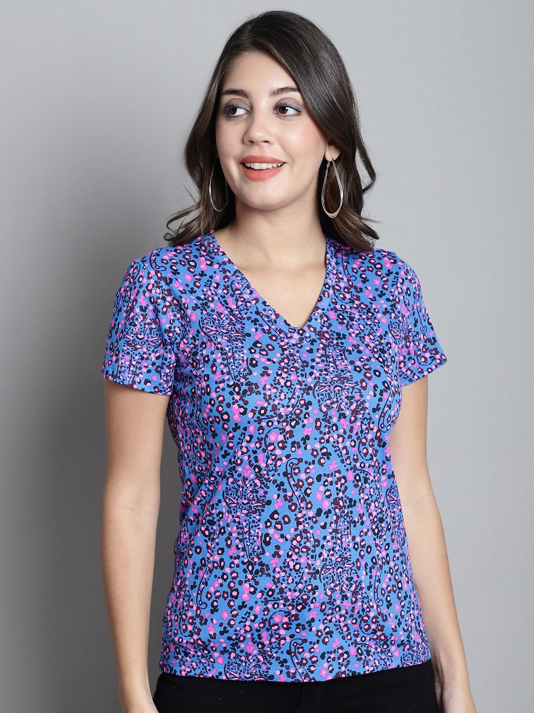

Dressitude Floral Printed V-Neck Cotton T-shirt, Blue