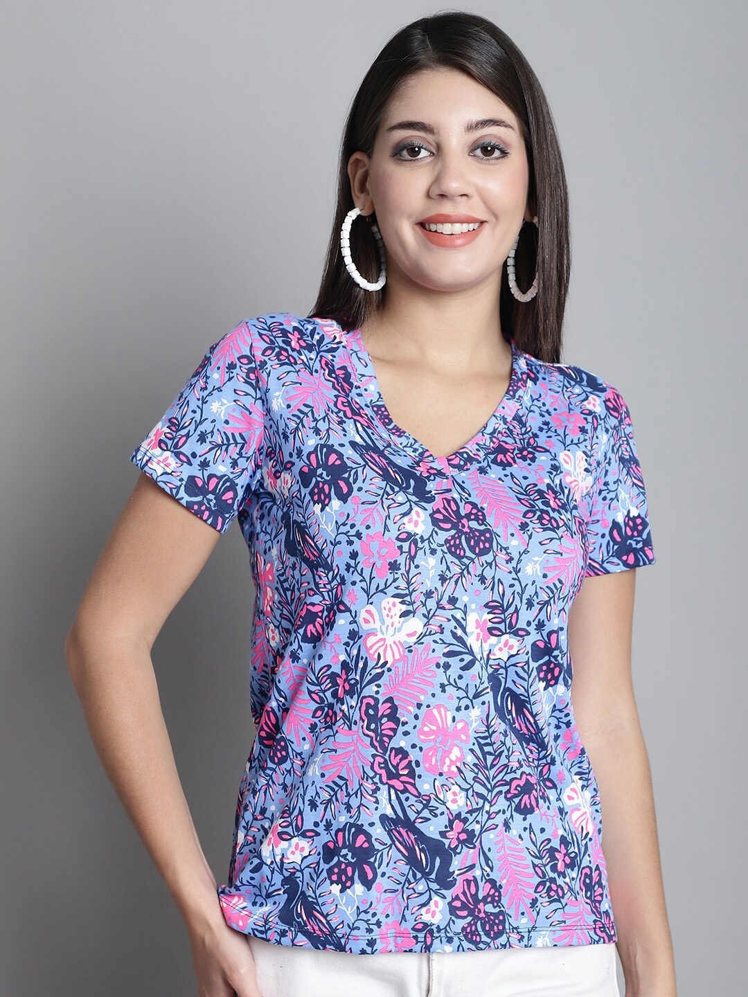 

Dressitude Floral Printed V-Neck Short Sleeves Cotton T-shirt, Purple