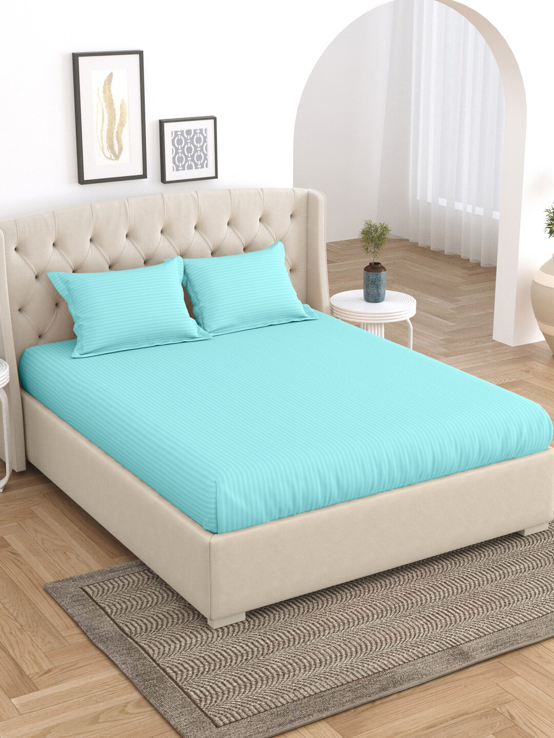 

Salona Bichona Turquoise Blue Striped 105 TC Queen Bedsheet with 2 Pillow Covers