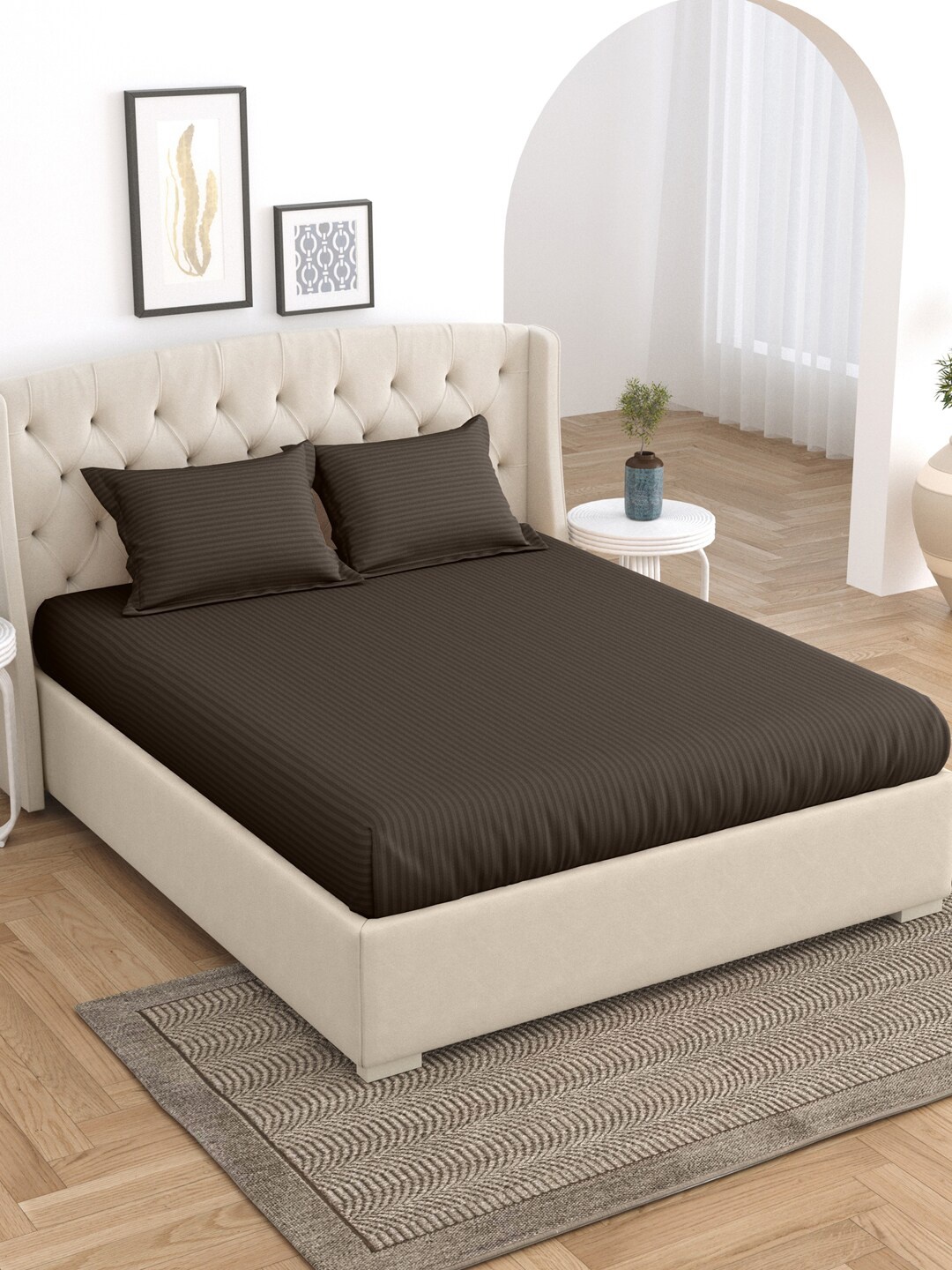 

Salona Bichona Steel Striped 105 TC King Bedsheet with 2 Pillow Covers