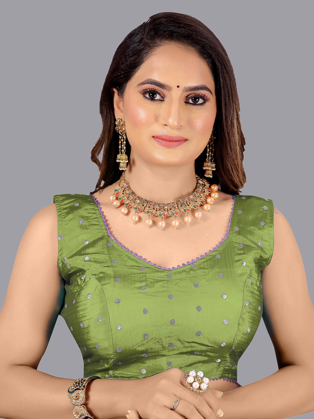 

Hinaya Embroidered Jacquard Saree Blouse, Green