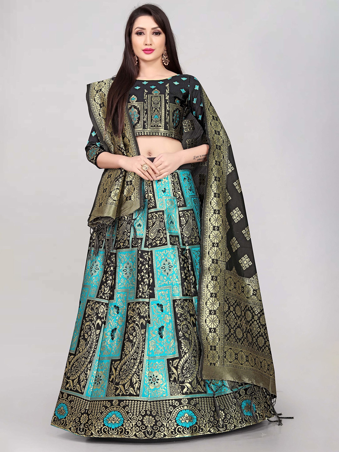 

DIVASTRI Woven Design Semi-Stitched Lehenga & Unstitched Blouse With Dupatta, Turquoise blue