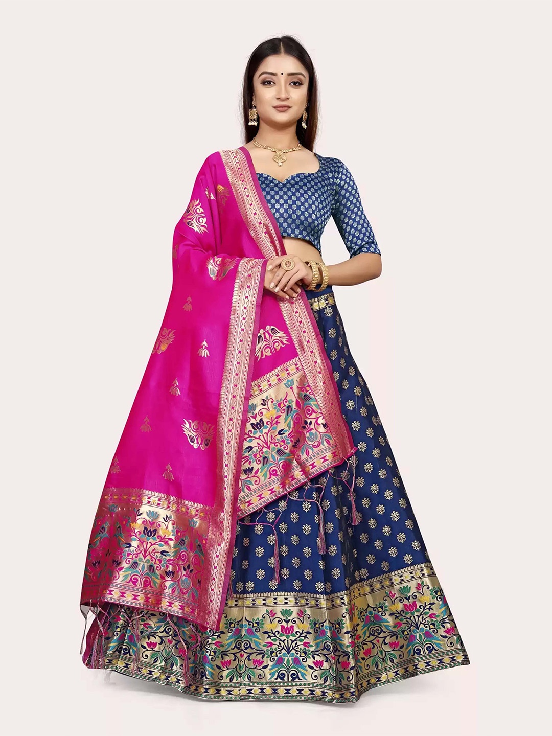 

DIVASTRI Woven Design Zari Silk Semi-Stitched Lehenga & Unstitched Blouse With Dupatta, Navy blue