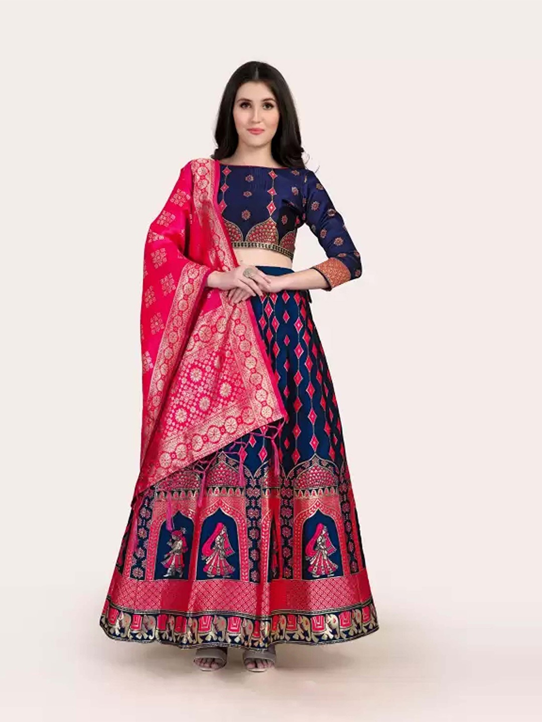 

DIVASTRI Woven Design Silk Semi-Stitched Lehenga & Unstitched Blouse With Dupatta, Navy blue