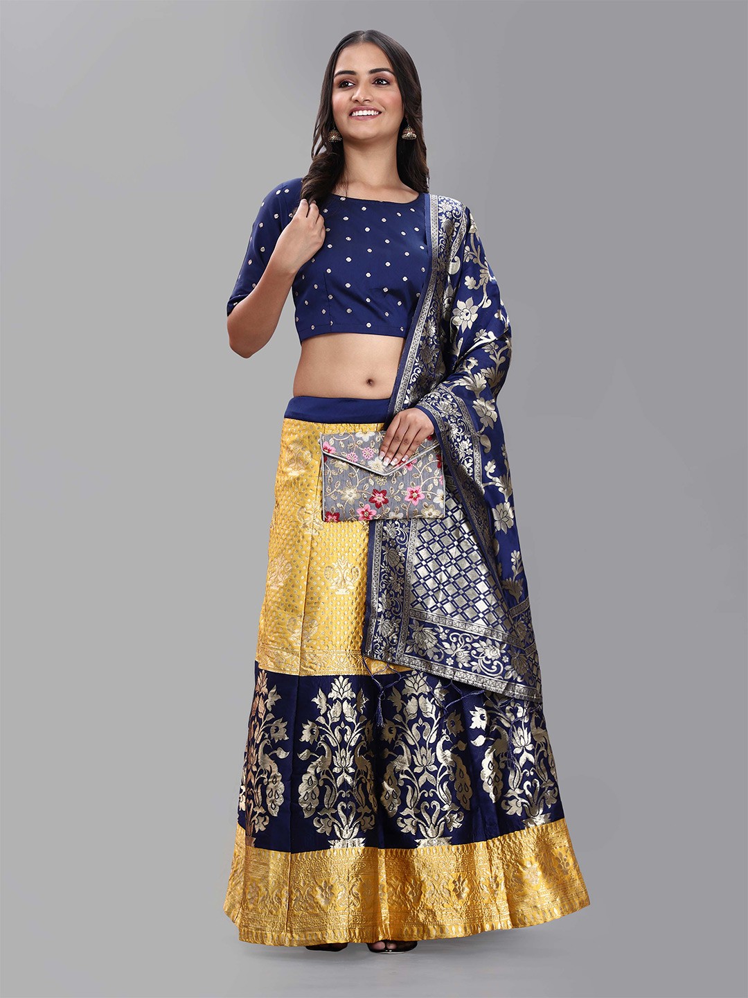 

DIVASTRI Woven Designed Silk Semi-Stitched Lehenga & Unstitched Blouse With Dupatta, Yellow