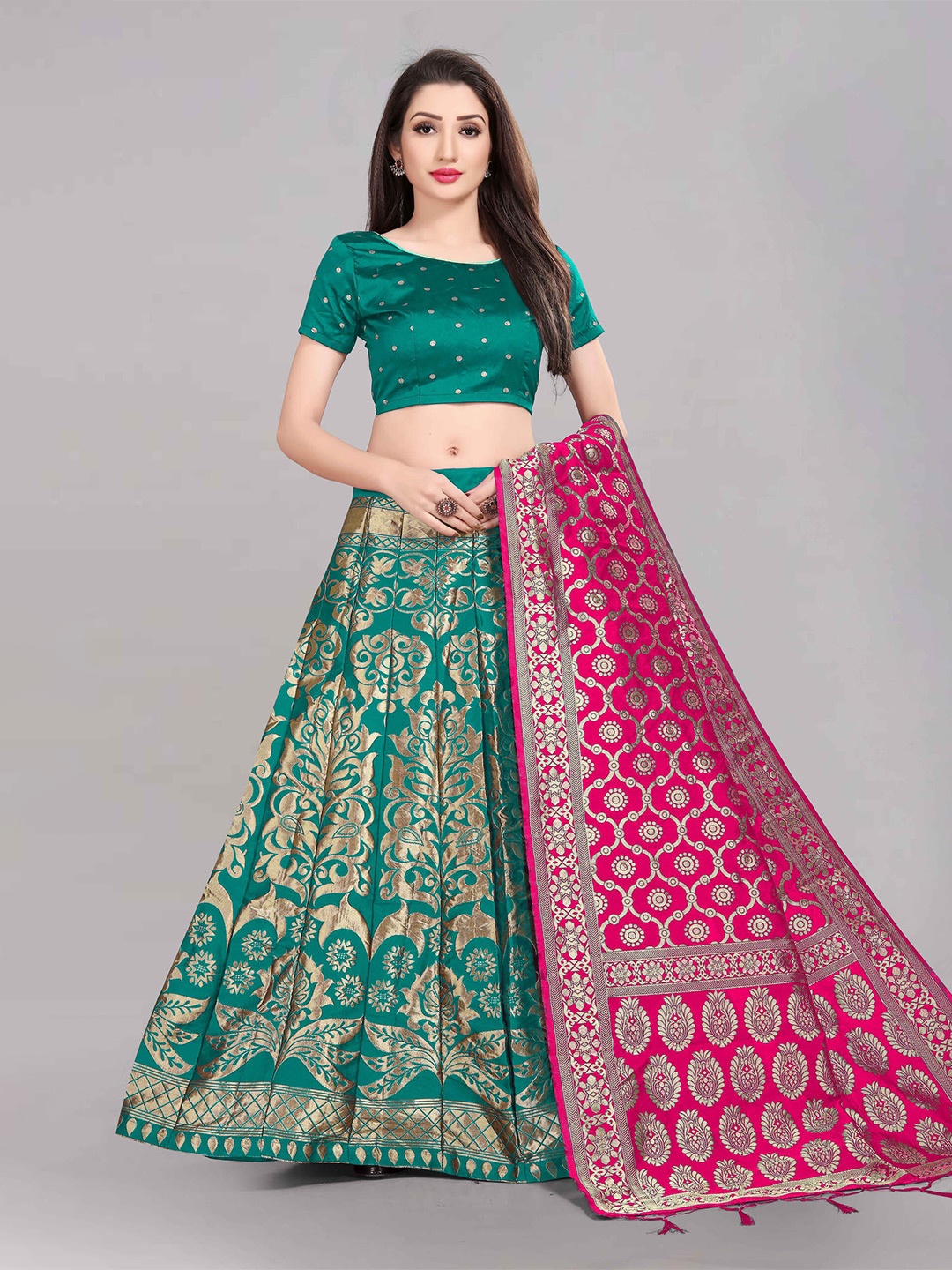 

DIVASTRI Woven Design Semi-Stitched Lehenga & Unstitched Blouse With Dupatta, Green