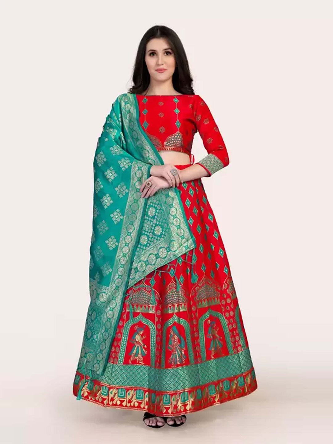 

DIVASTRI Woven Design Silk Semi-Stitched Lehenga & Unstitched Blouse With Dupatta, Red