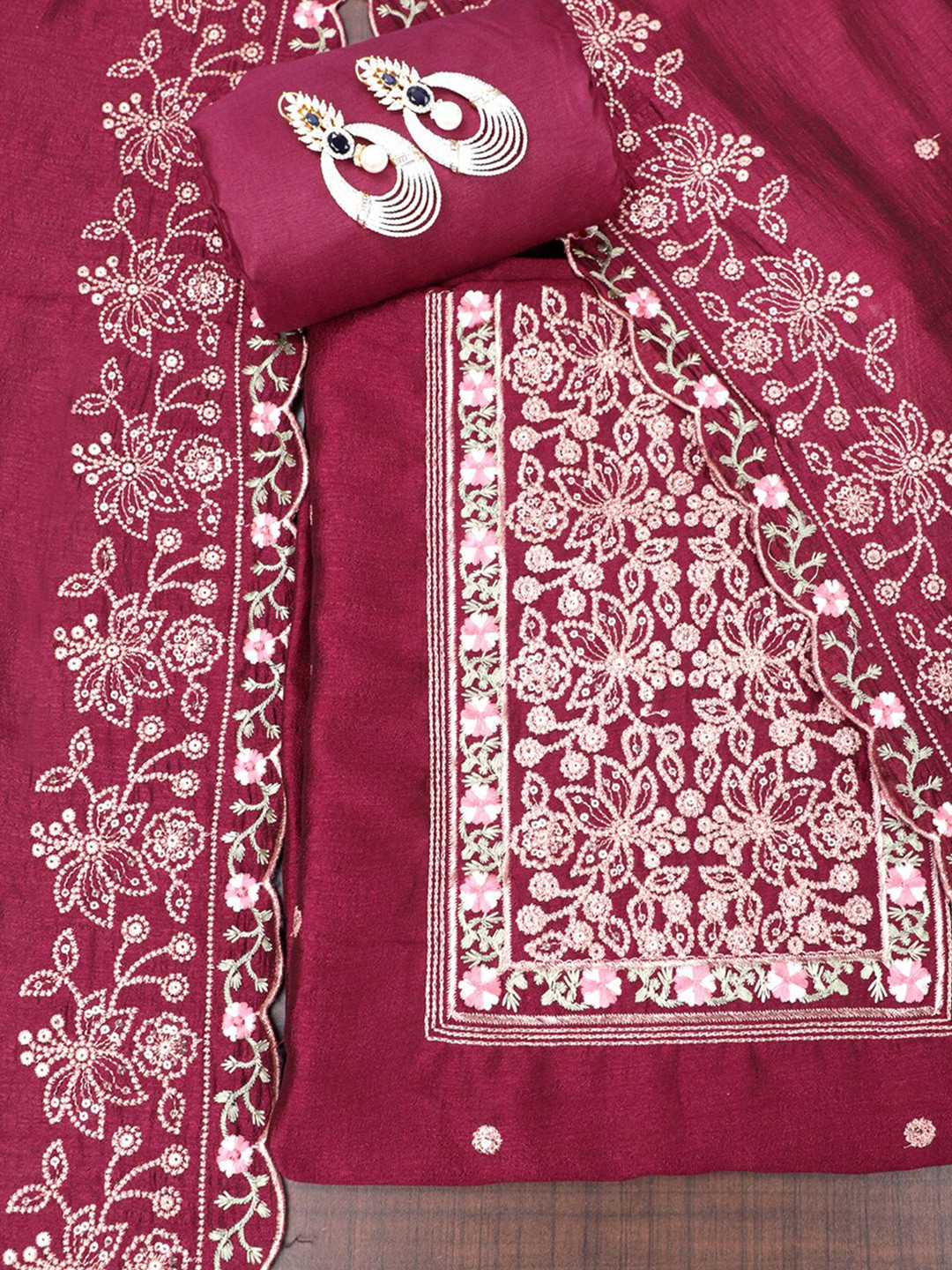 

SALWAR STUDIO Floral Embroidered Unstitched Dress Material, Burgundy