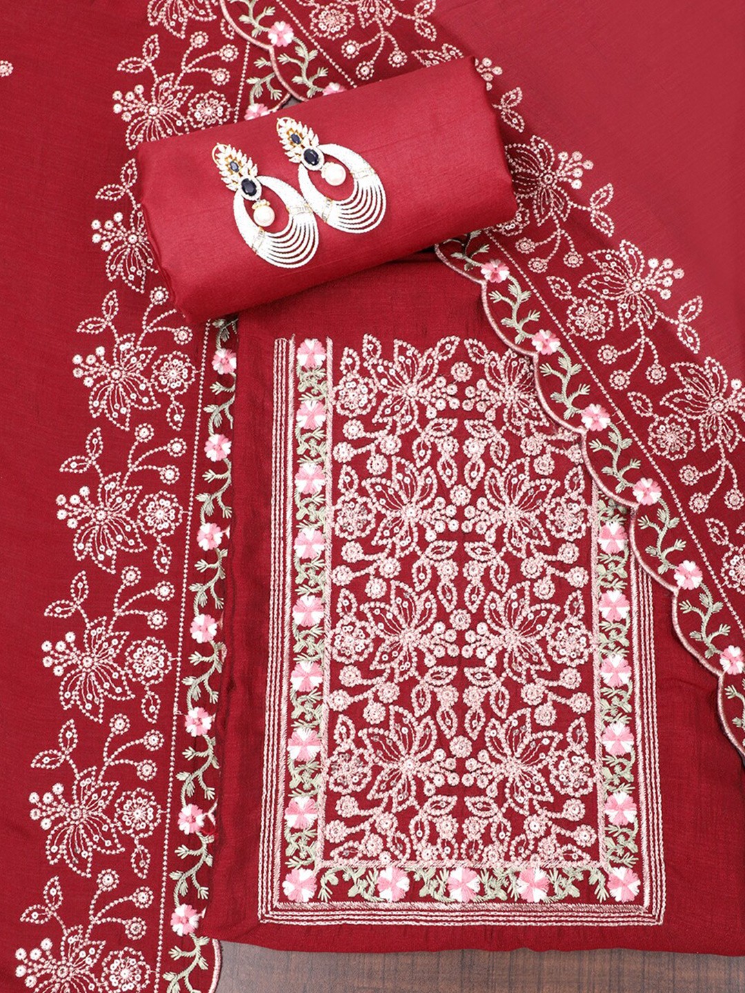 

SALWAR STUDIO Embroidered Raw Silk Unstitched Dress Material, Maroon