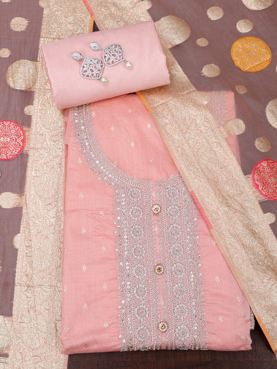 

SALWAR STUDIO Embroidered Unstitched Dress Material, Peach