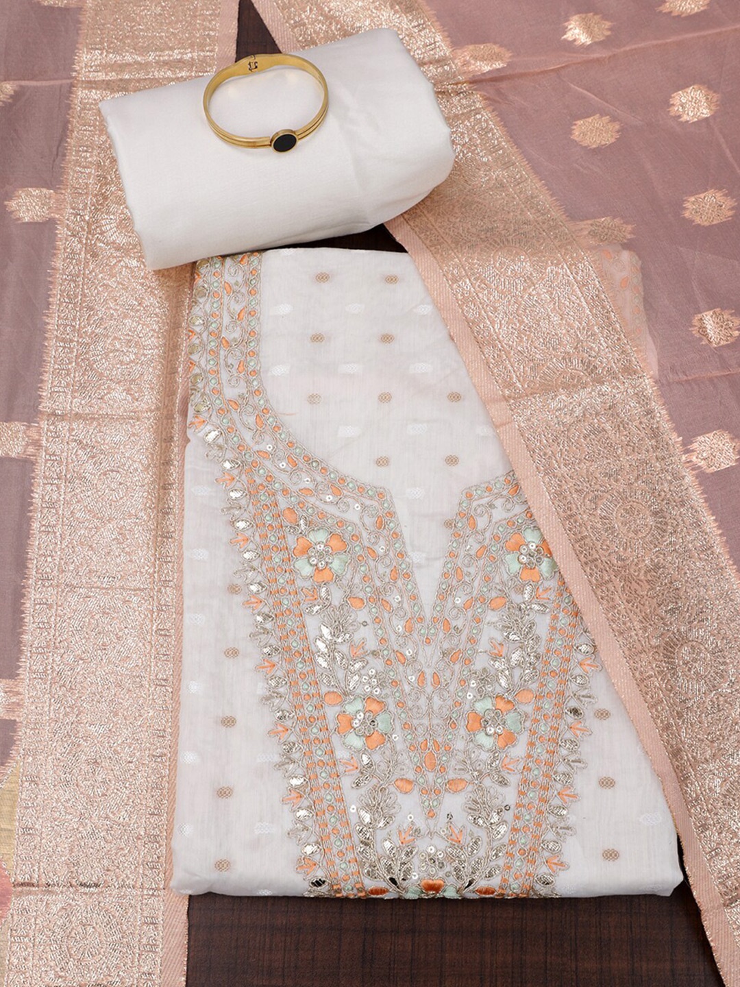 

SALWAR STUDIO Floral Embroidered Zari Unstitched Dress Material, Off white