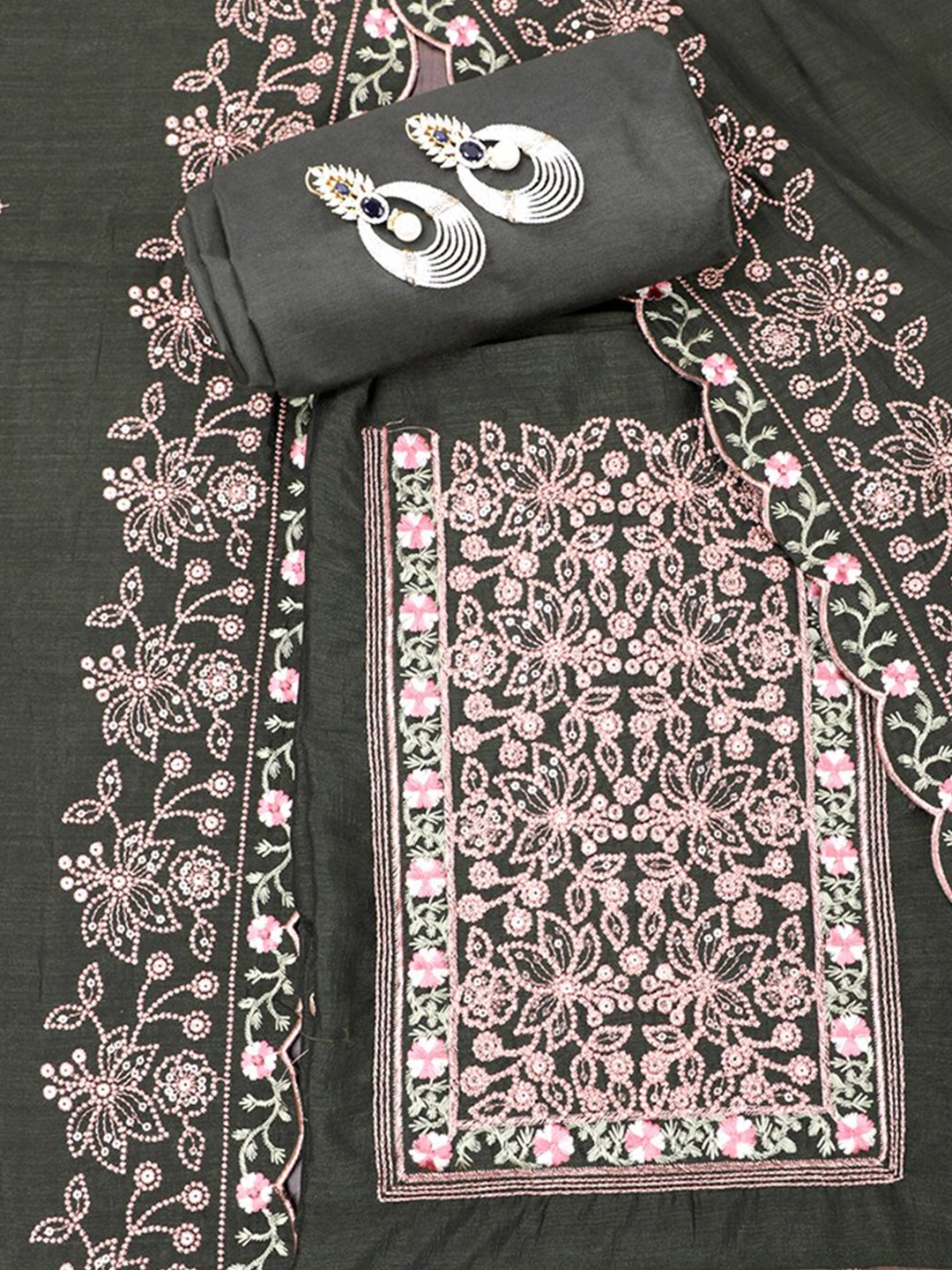 

SALWAR STUDIO Floral Embroidered Sequined Raw Silk Unstitched Dress Material, Green