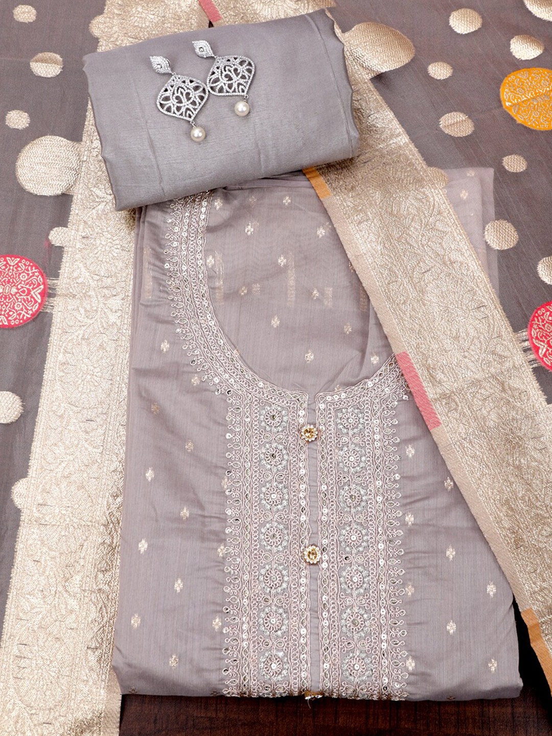 

SALWAR STUDIO Floral Embroidered Sequined & Zari Unstitched Dress Material, Grey