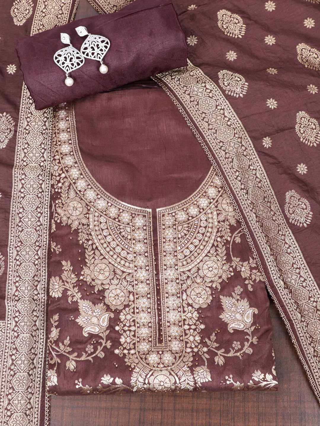 

SALWAR STUDIO Ethnic Motifs Woven Design Unstitched Dress Material, Brown