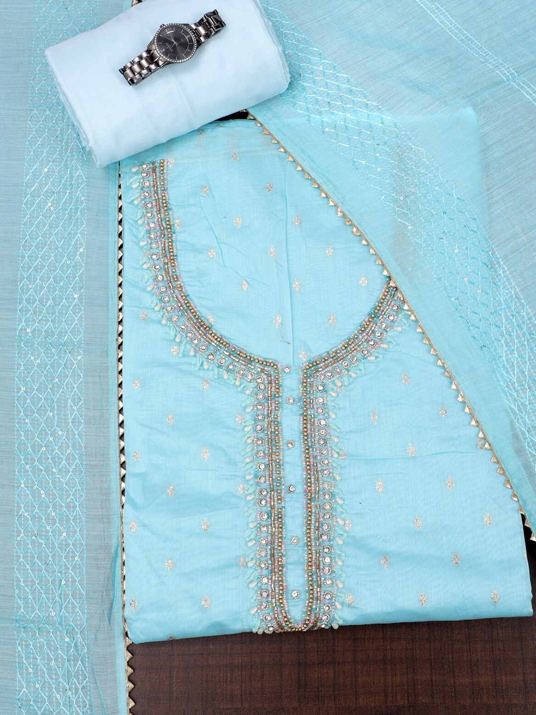 

SALWAR STUDIO Floral Embroidered Unstitched Dress Material, Blue