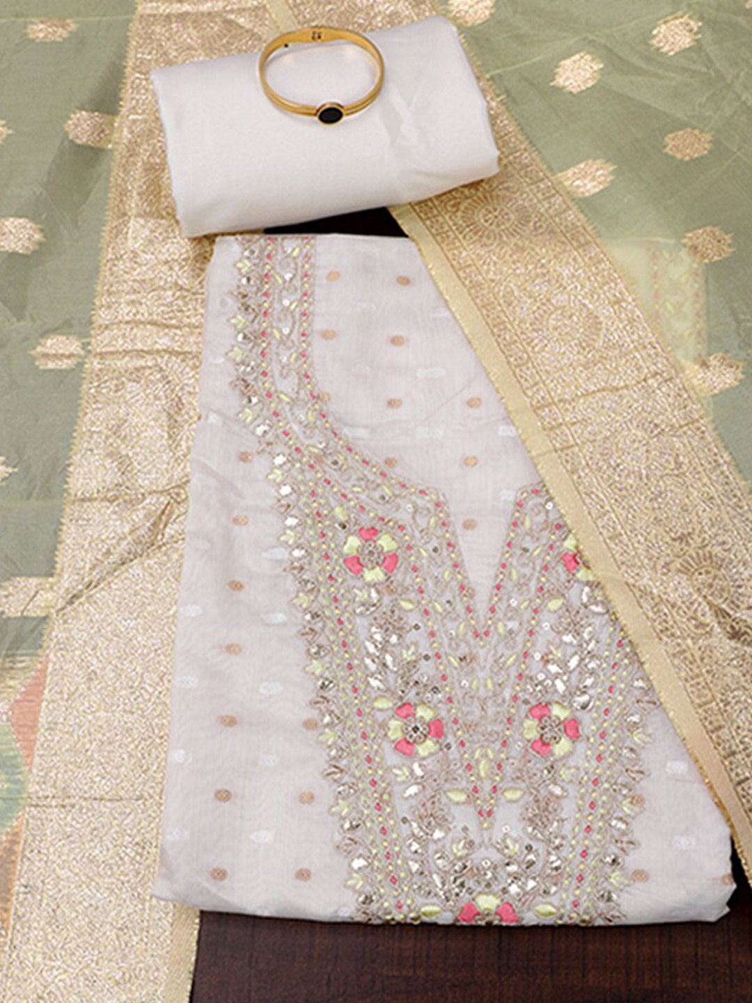 

SALWAR STUDIO Off Floral Embroidered Unstitched Tissue Dress Material, Off white