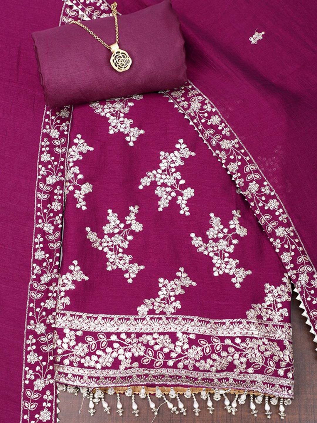 

SALWAR STUDIO Floral Embroidered Raw Silk Unstitched Dress Material, Purple