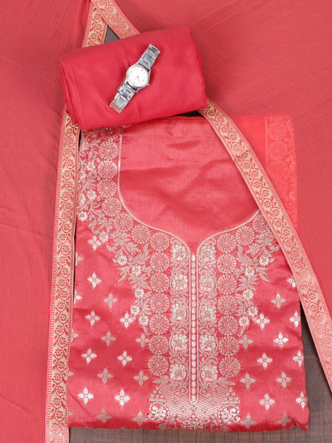 

SALWAR STUDIO Floral Woven Design Zari Unstitched Dress Material, Red