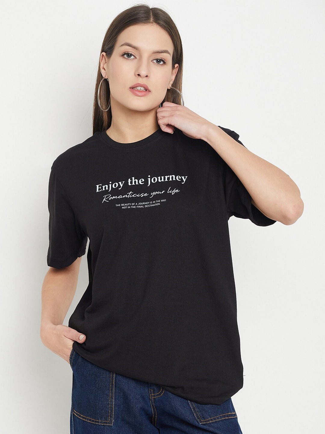 

Mast & Harbour Black Typography Printed Round Neck Cotton Oversized T-shirt