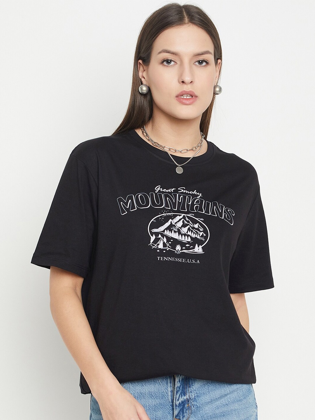 

Mast & Harbour Black Typography Printed Round Neck Cotton Oversized T-shirt