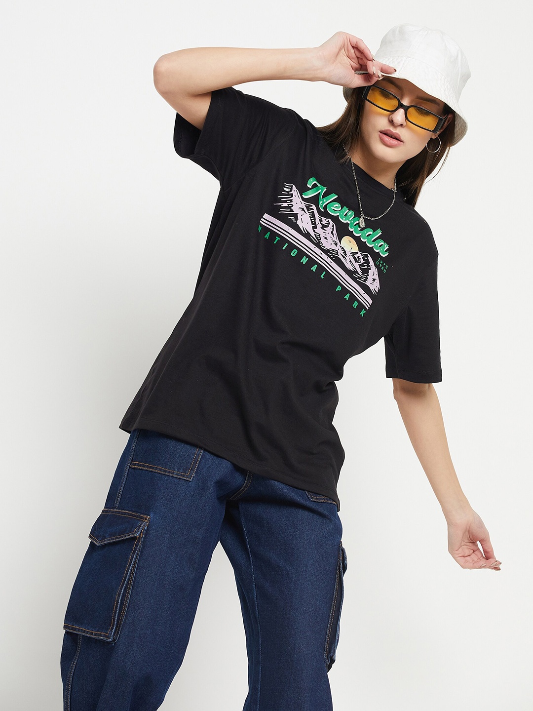 

Mast & Harbour Black Graphic Printed Round Neck Cotton Oversized T-shirt