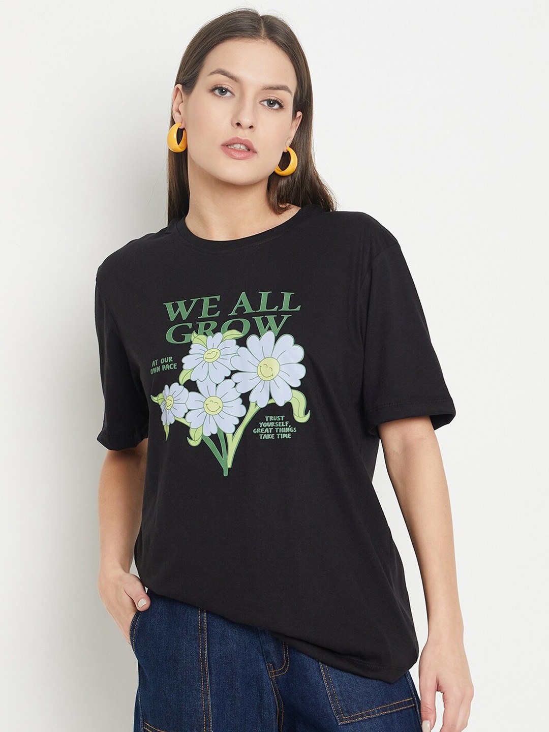 

Mast & Harbour Black & Green Typography Printed Round Neck Cotton Oversized T-shirt