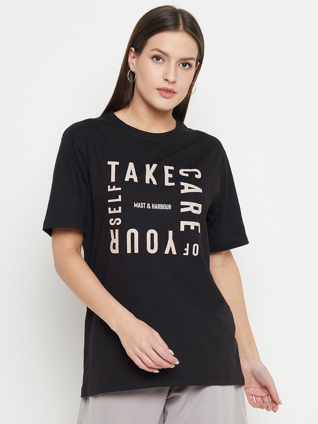 

Mast & Harbour Black Typography Printed Round Neck Cotton Oversized T-shirt