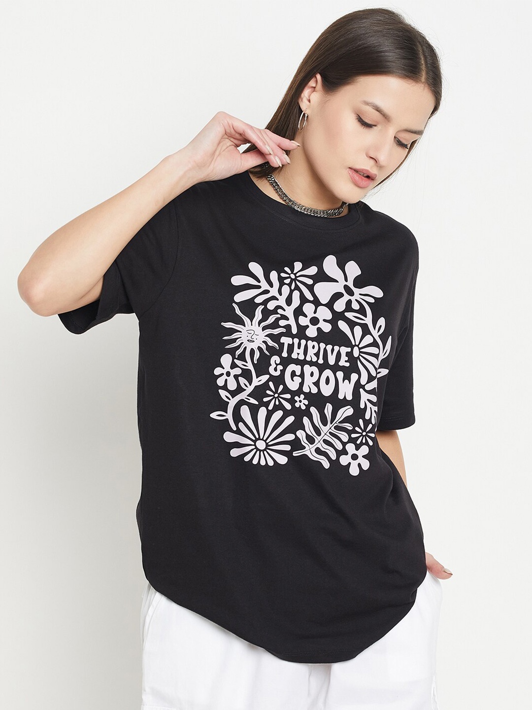 

Mast & Harbour Black Typography Printed Round Neck Cotton Oversized T-shirt