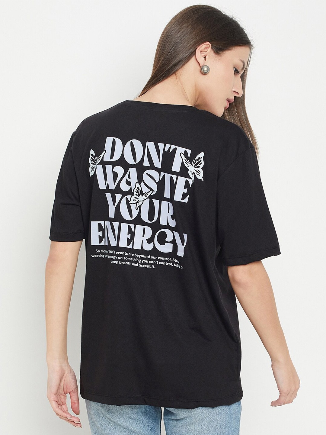 

Mast & Harbour Black & Grey Typography Printed Round Neck Cotton Oversized T-shirt