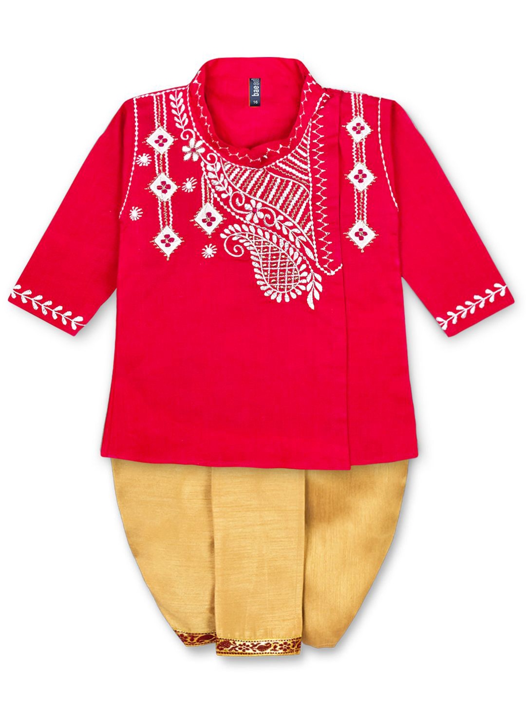 

BAESD Boys Ethnic Motifs Embroidered Thread Work Pure Cotton Kurta with Dhoti Pants, Red
