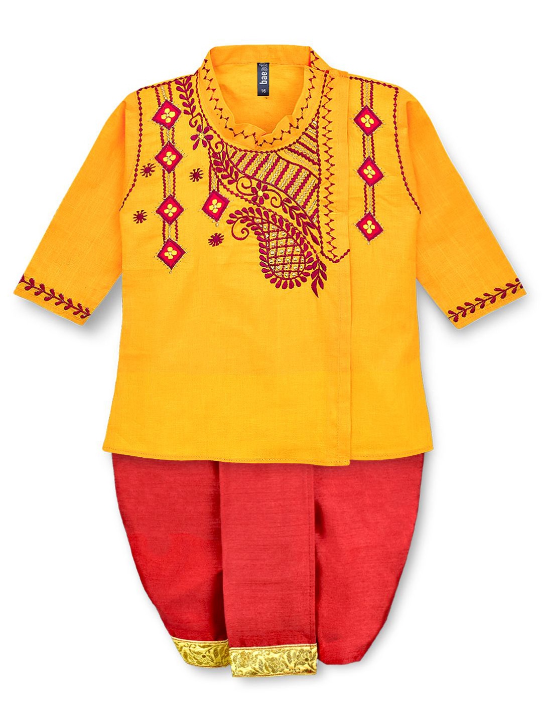 

BAESD Boys Ethnic Motifs Embroidered Pure Cotton Straight Kurta With Dhoti Pants, Yellow