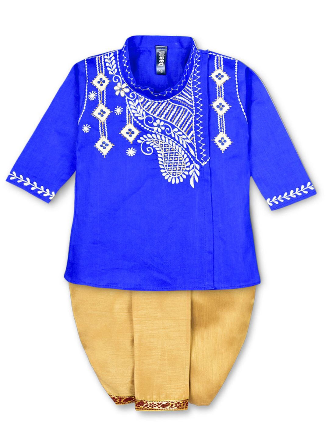 

BAESD Boys Ethnic Motifs Embroidered Thread Work Pure Cotton Kurta with Dhoti Pants, Blue