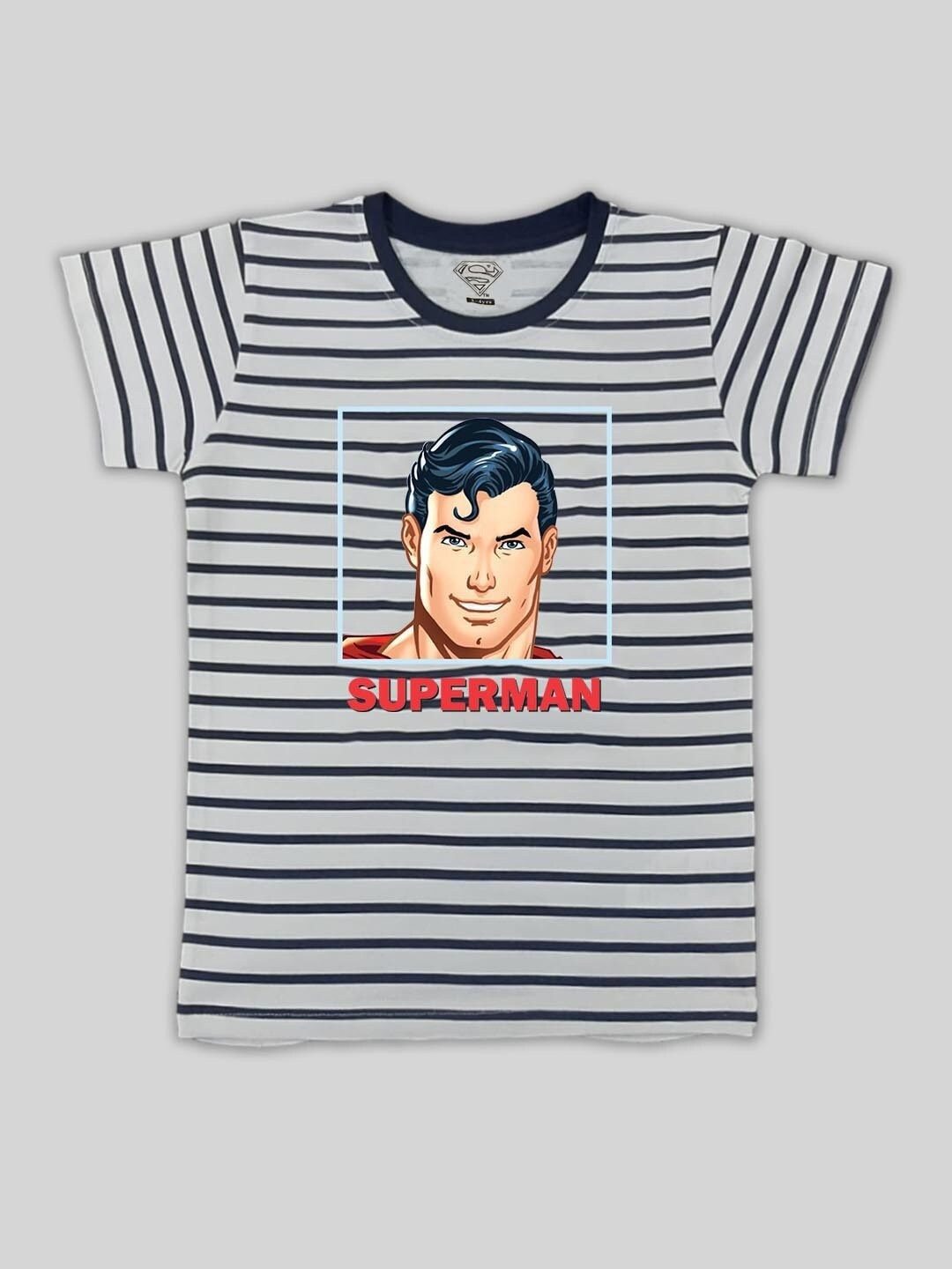 

Minute Mirth Boys Superman Striped Monochrome Cotton T-shirt, Navy blue