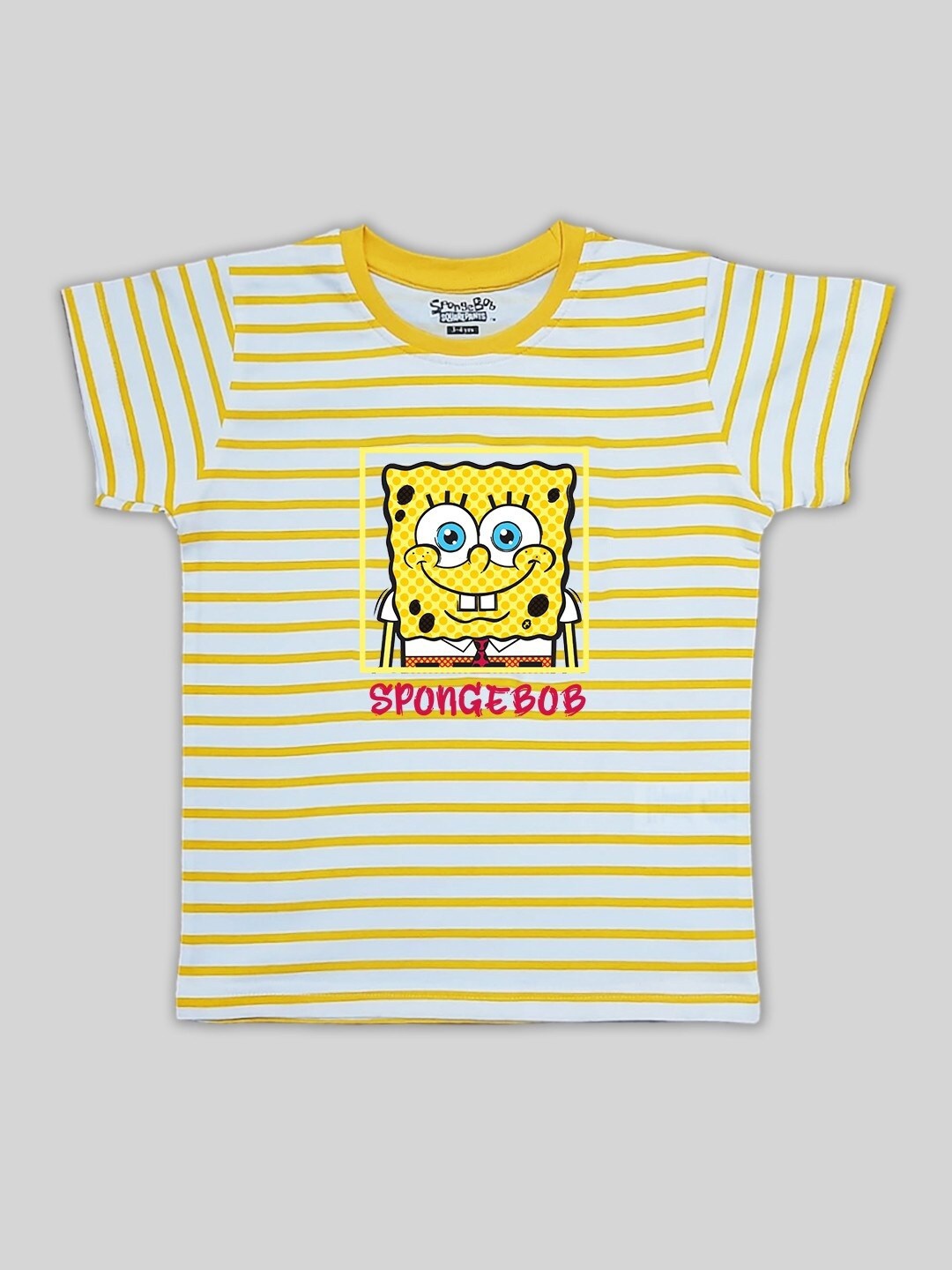 

Minute Mirth Boys Spongebob Striped Round Neck Cotton T-shirt, Yellow