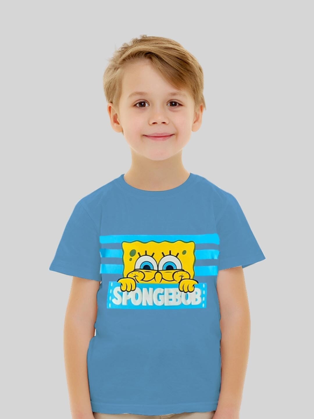 

Minute Mirth Boys Spongebob Printed Round Neck Cotton T-shirt, Blue