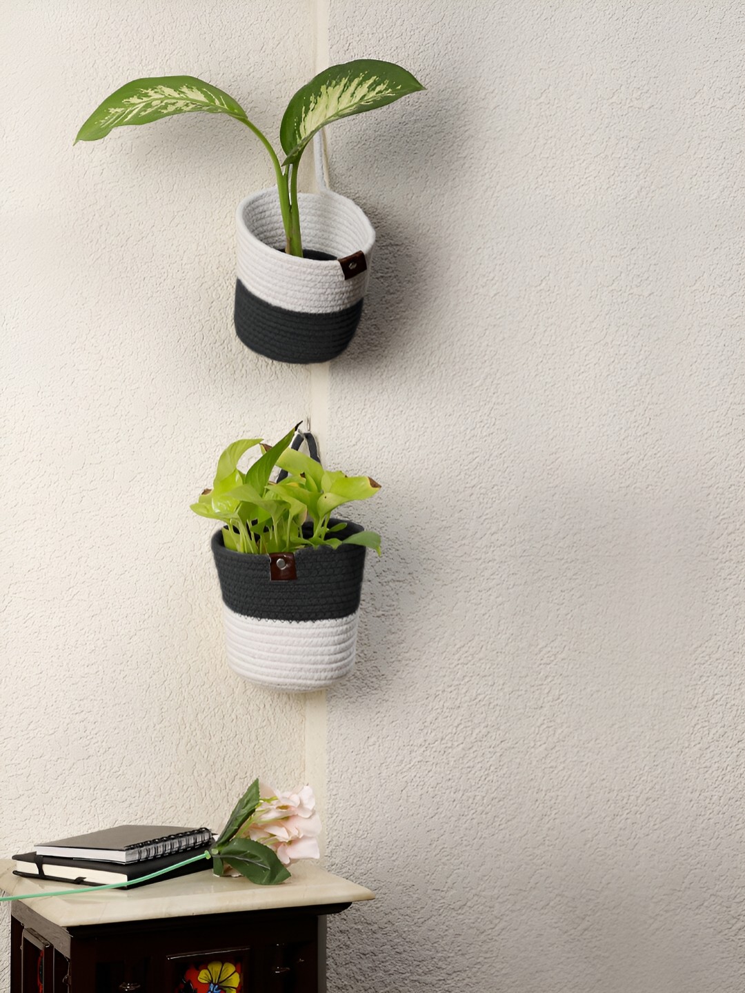 

FABINALIV Black & Grey 2 Pieces Rope Basket Wall Hanging Planter