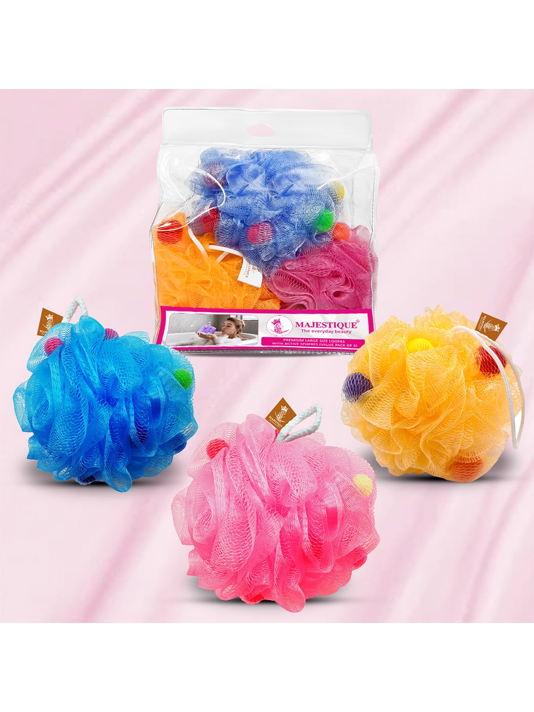 

MAJESTIQUE Premium Set of 3 Large Size Loofas with Active Spheres, Pink