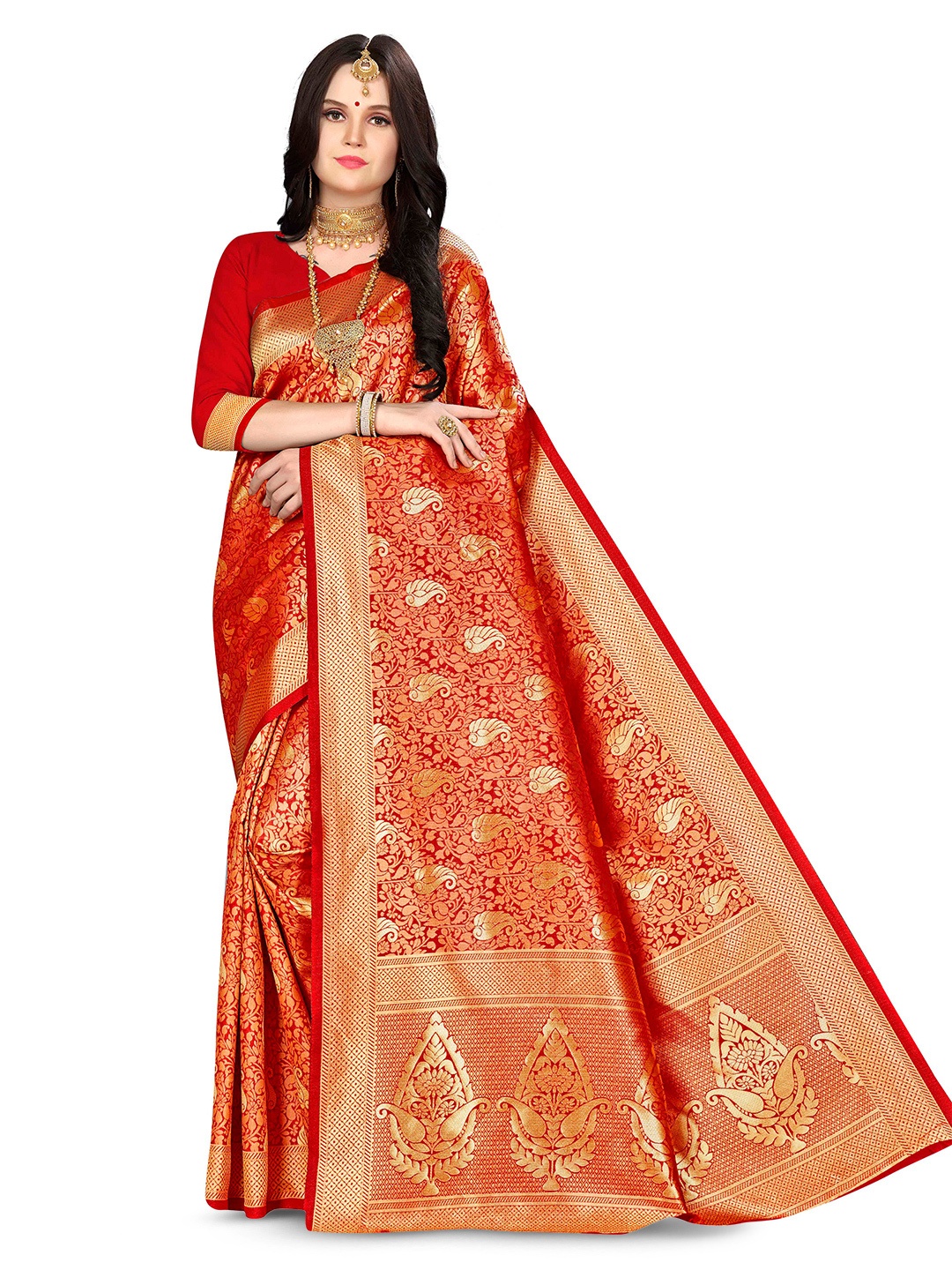 

MANVAA Floral Woven Design Zari Banarasi Saree, Red