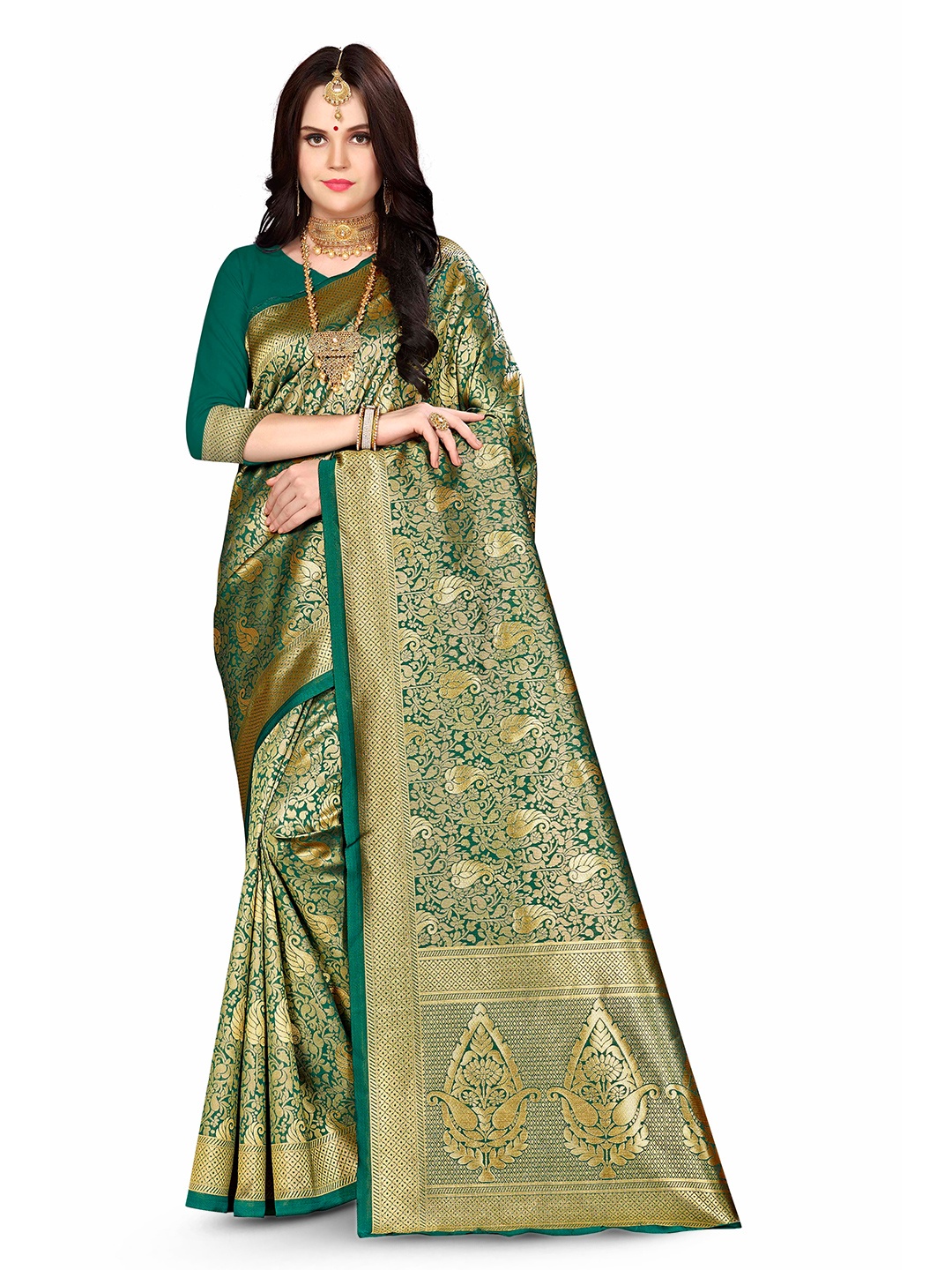 

MANVAA Ethnic Motifs Zari Banarasi Saree, Green